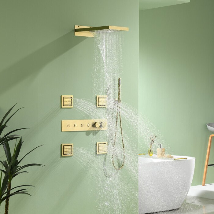 SC726A 23 - brushed gold built-in luxury shower system 1000&1000 - full scene with water