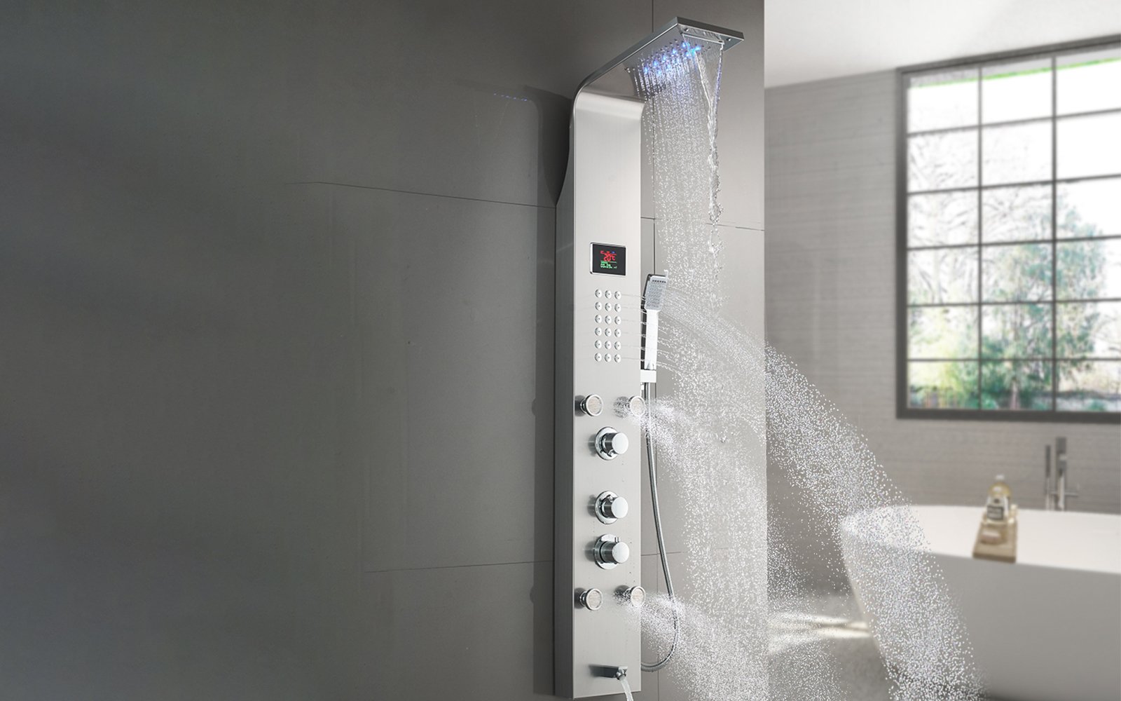 shower panel with LED light and display