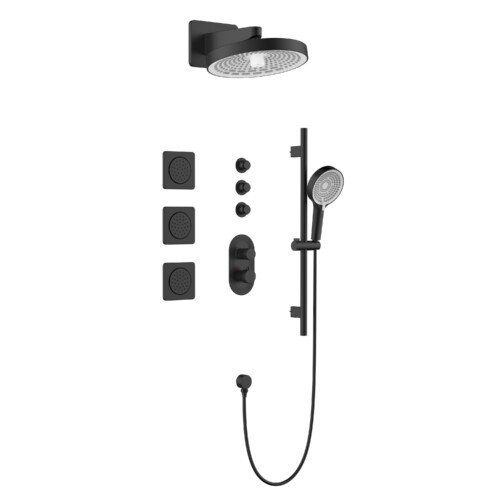 Thermostatic shower system with wall mounted rain shower head and handheld